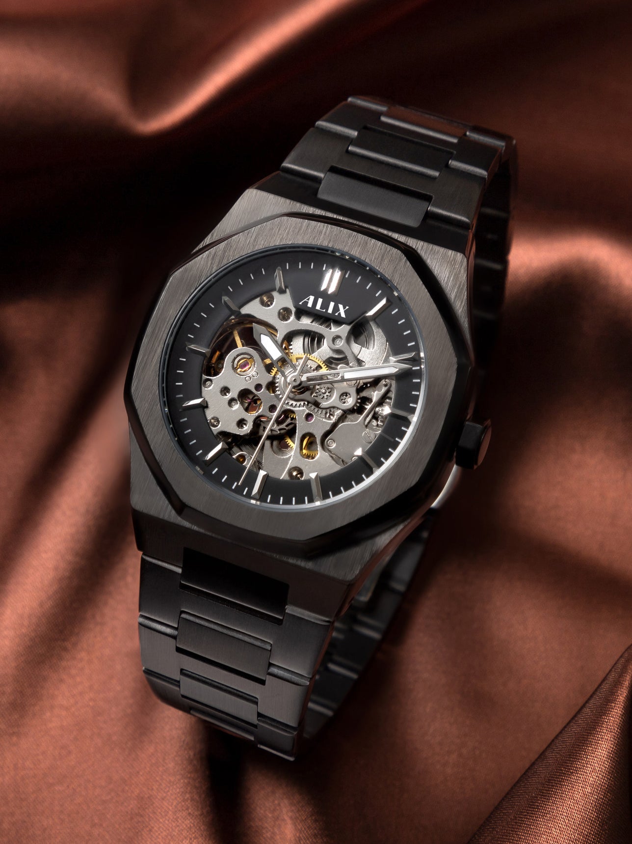 AL2902 Black Skeleton Automatic watch for men's