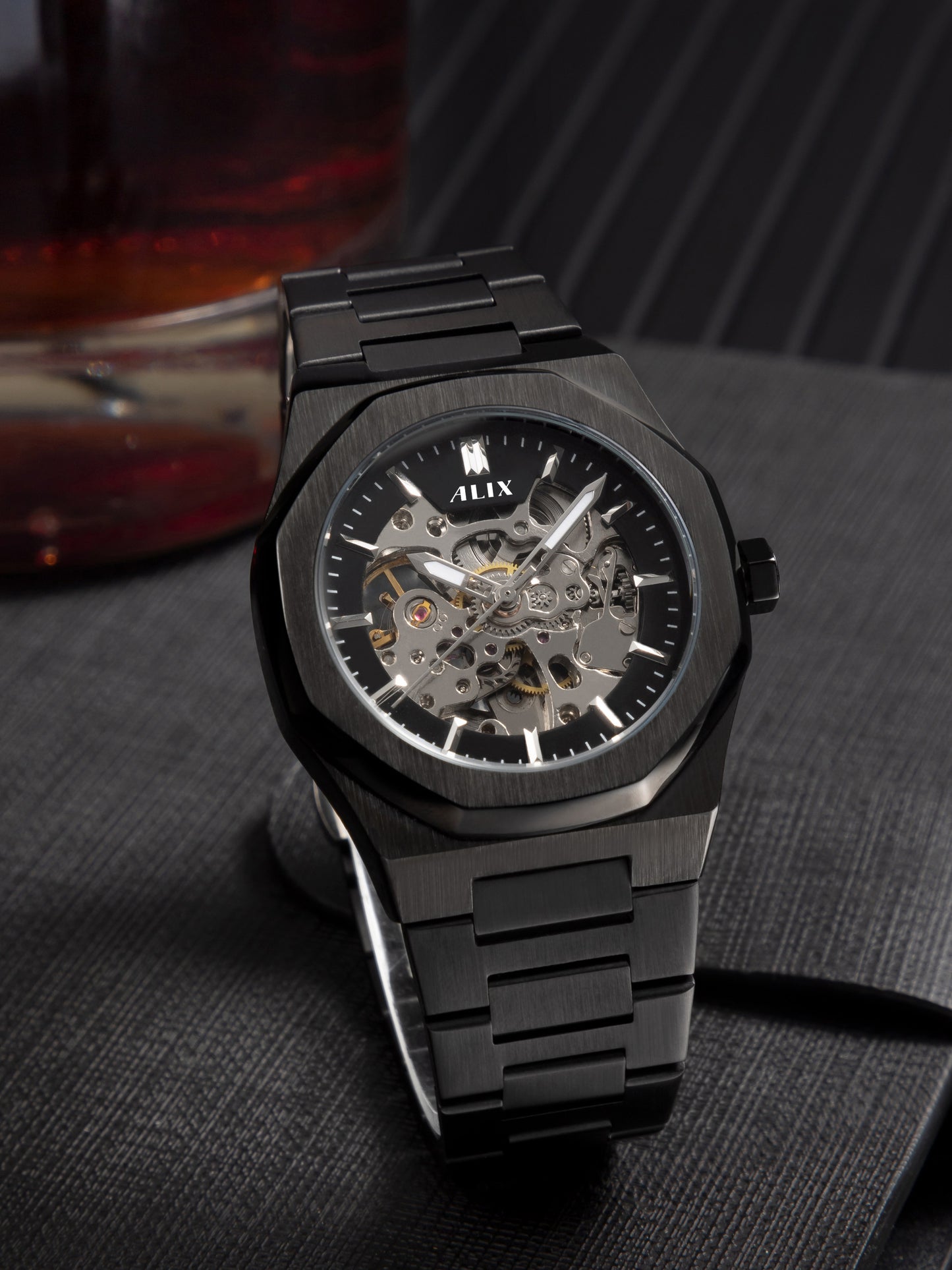 AL2902 Black Skeleton Automatic watch for men's