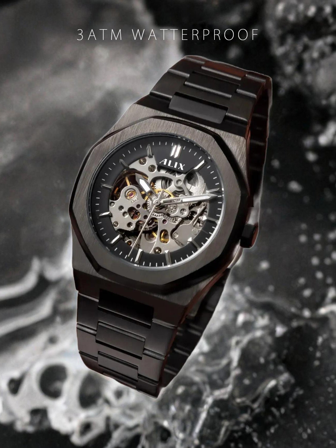 AL2902 Black Skeleton Automatic watch for men's