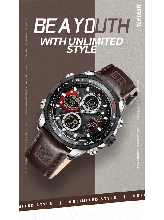 NF9197L Dark Brown leather Ana-digital watch for men - NAVIFORCE