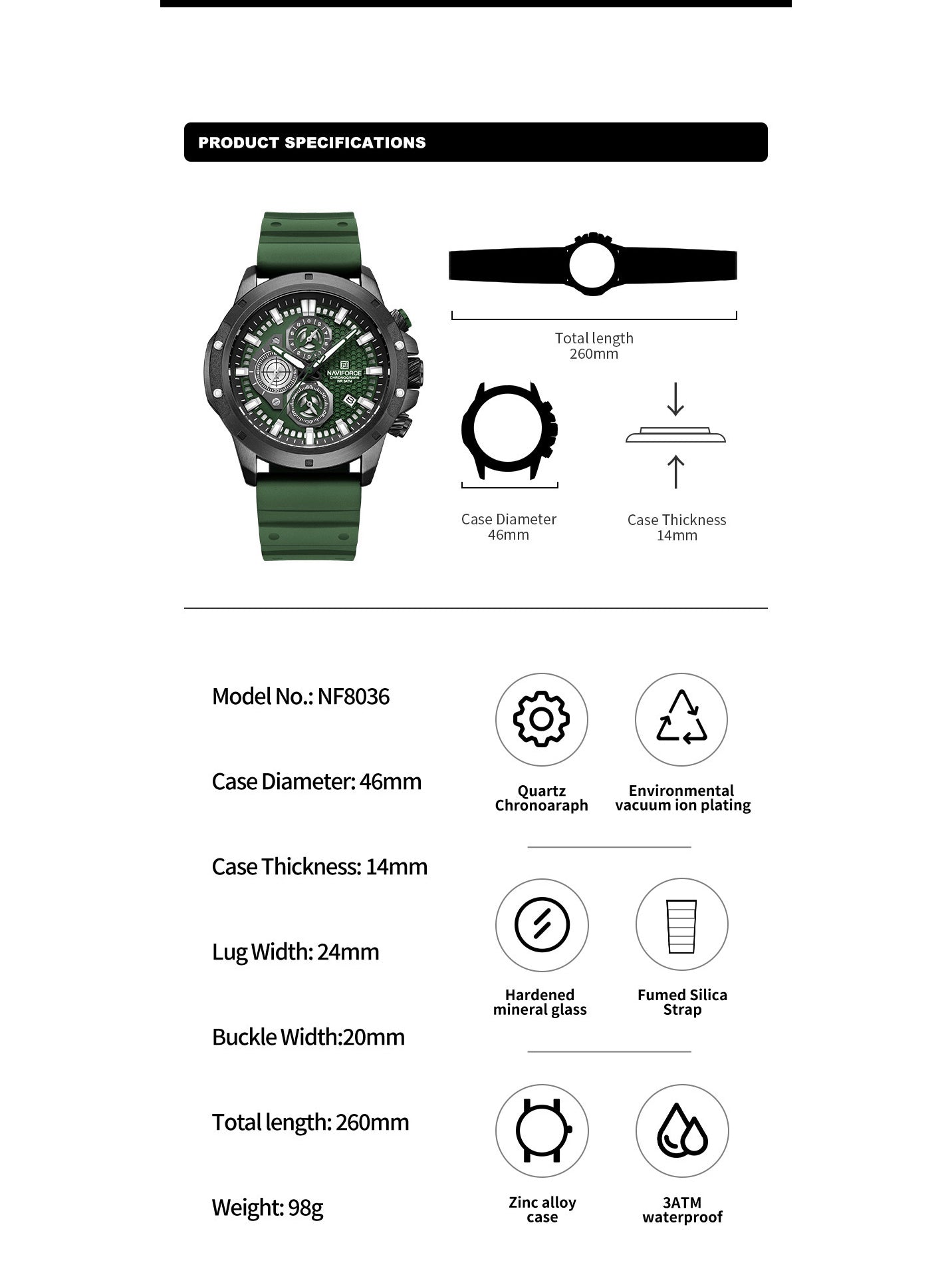 NF8036 Green Chronograph Date Display Analog mens watch - NAVIFORCE