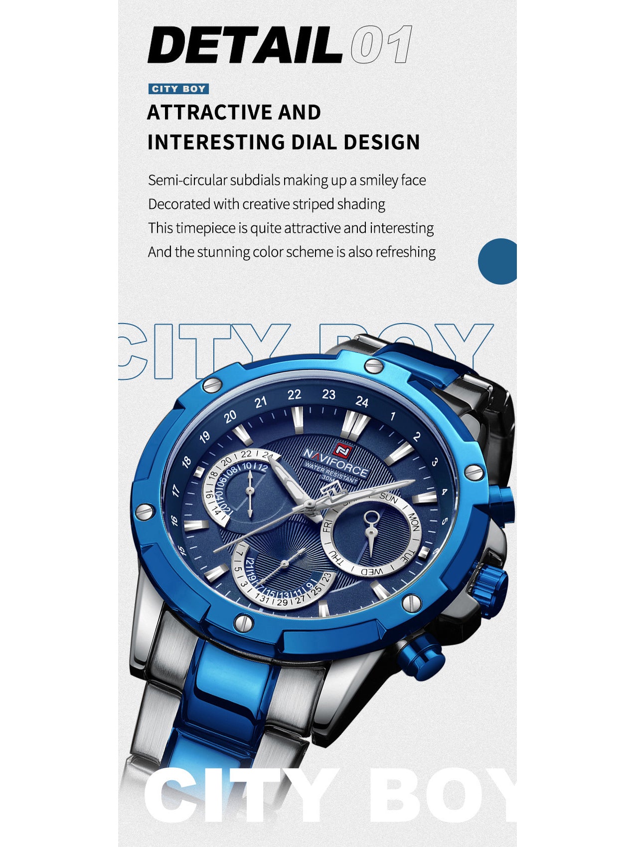 NF9196 Silver blue Chronograph watch for men - Naviforce