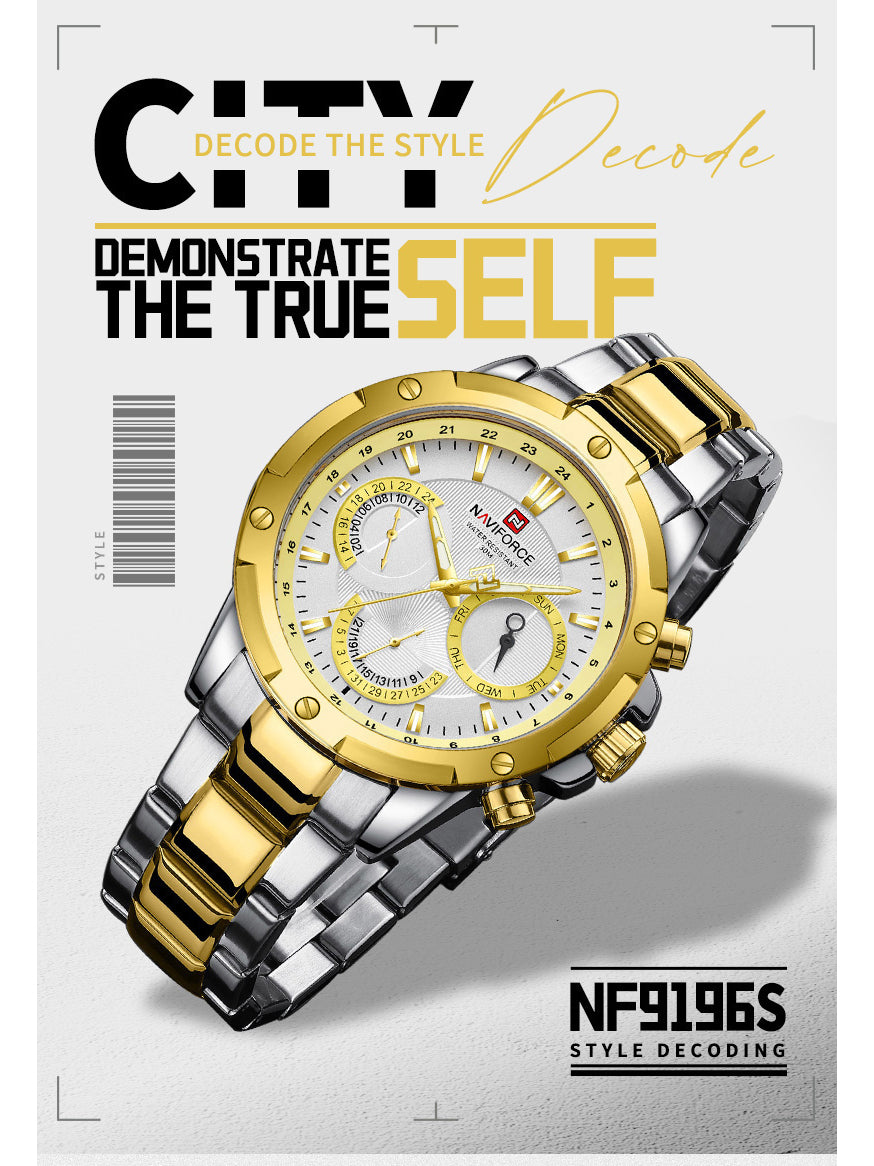 NF9196 Silver Gold Chronograph watch for men - Naviforce