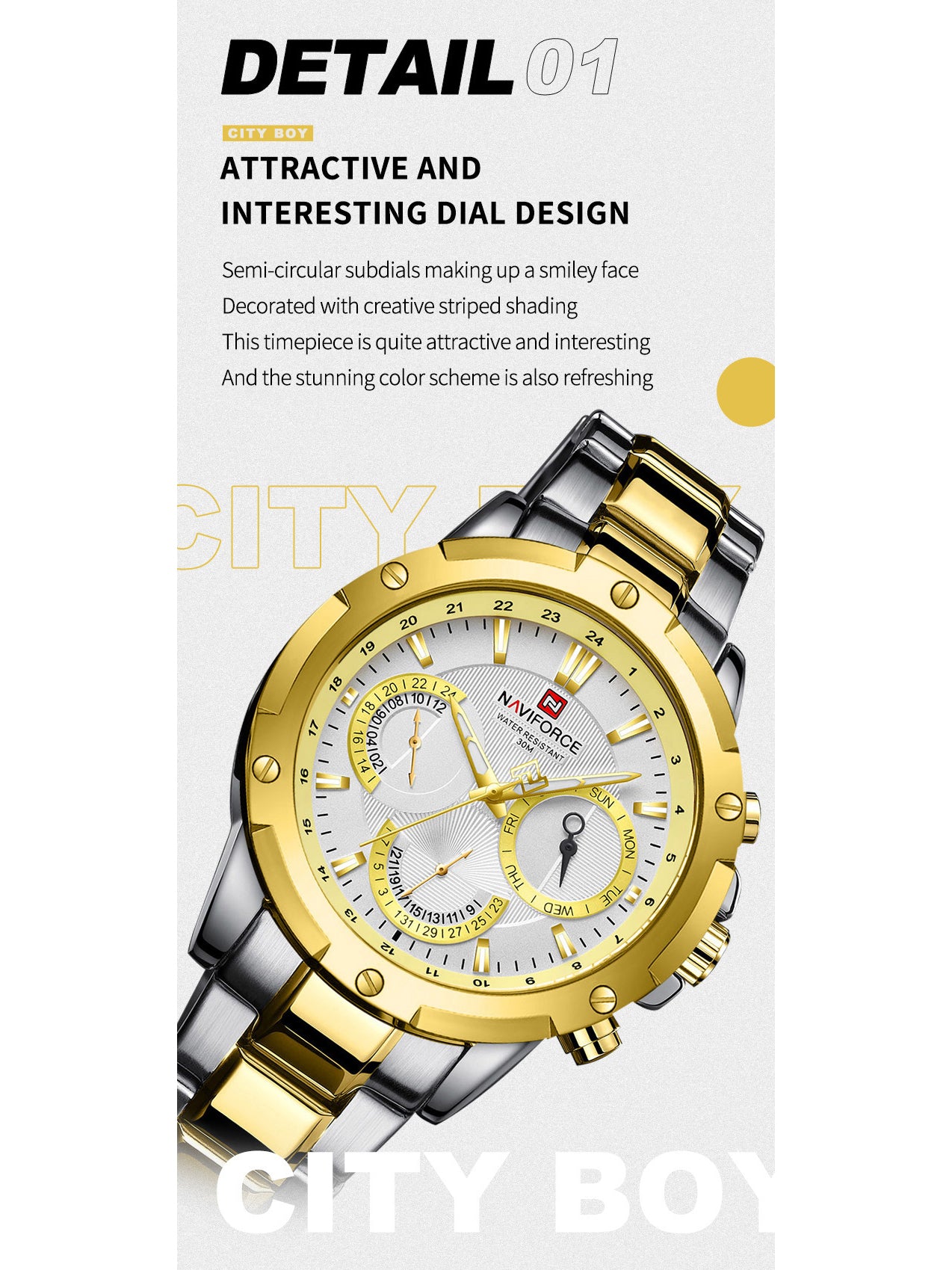 NF9196 Silver Gold Chronograph watch for men - Naviforce