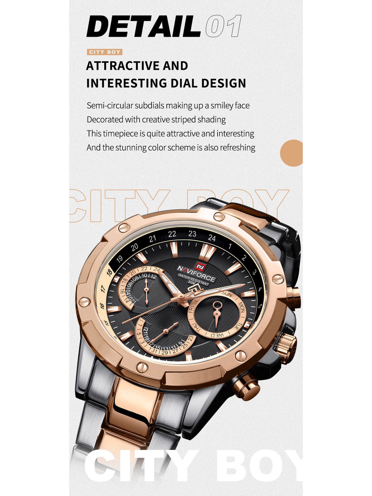 NF9196 Silver RoseGold Chronograph watch for men - Naviforce
