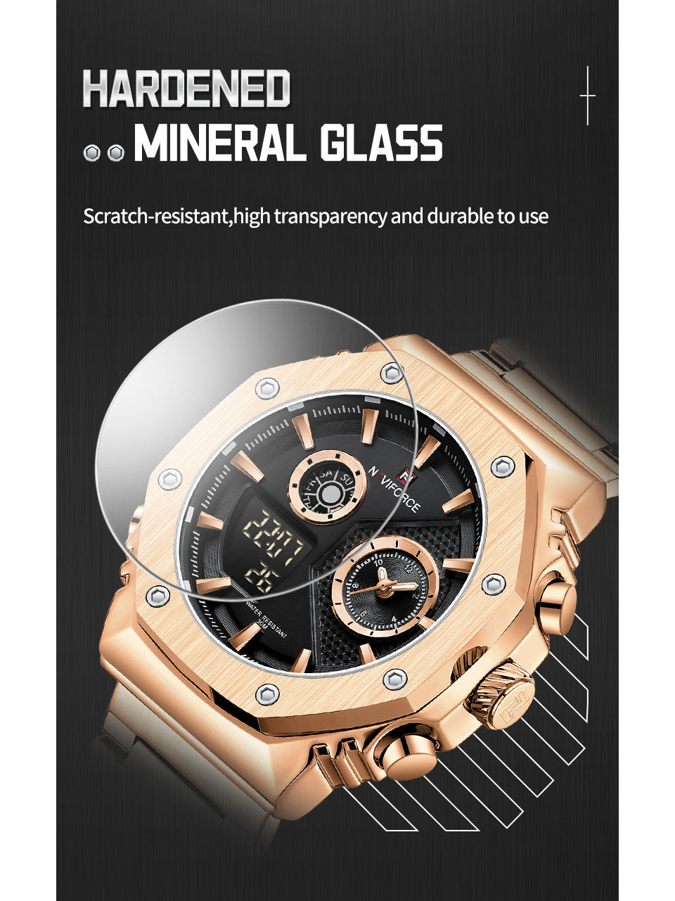 NF9216 Rosegold-Black digital - analog chronograph watch for men's-NAVIFORCE
