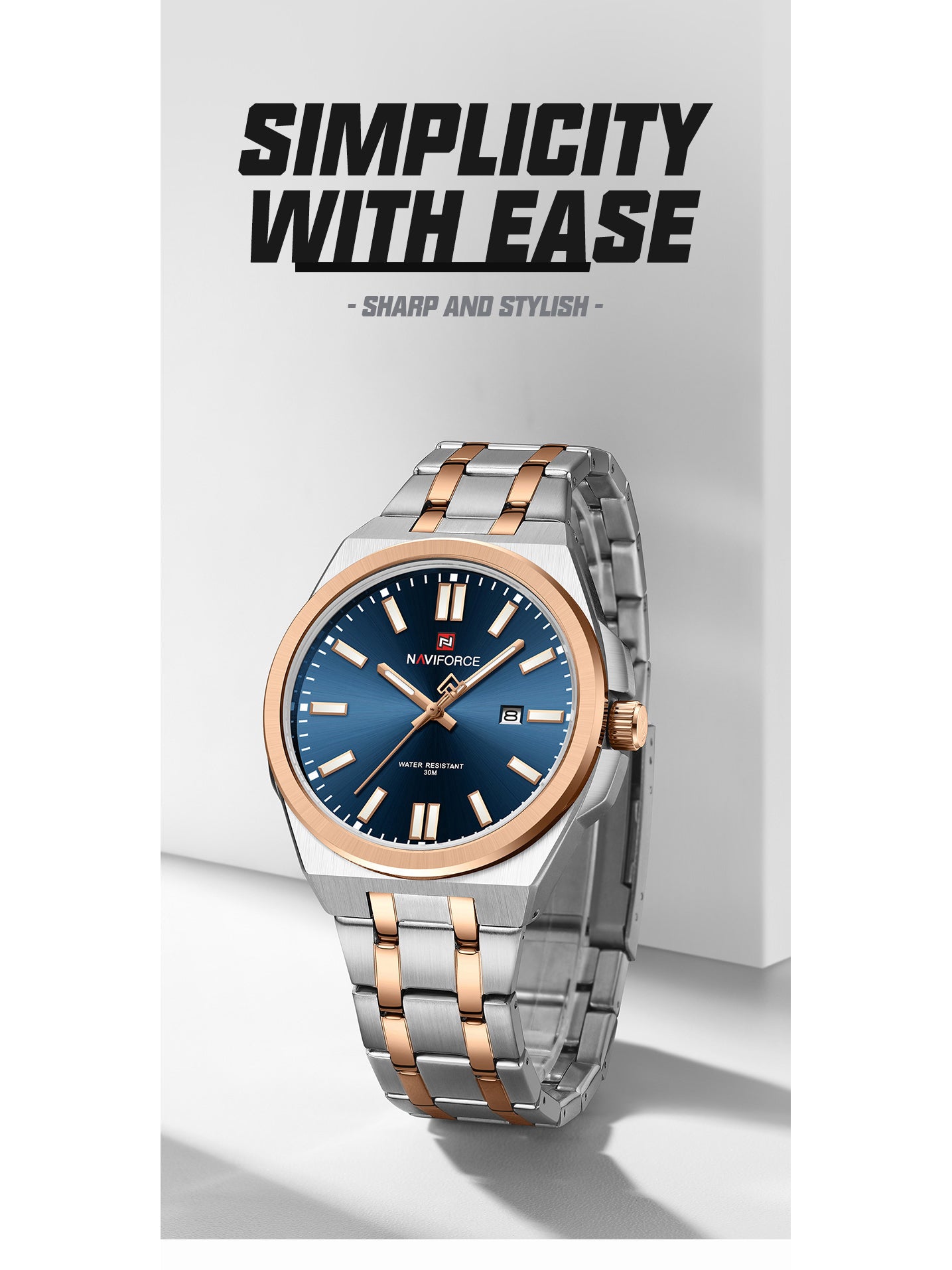 NF9226 Silver-Rosegold Analog time&date watch for men - NAVIFORCE