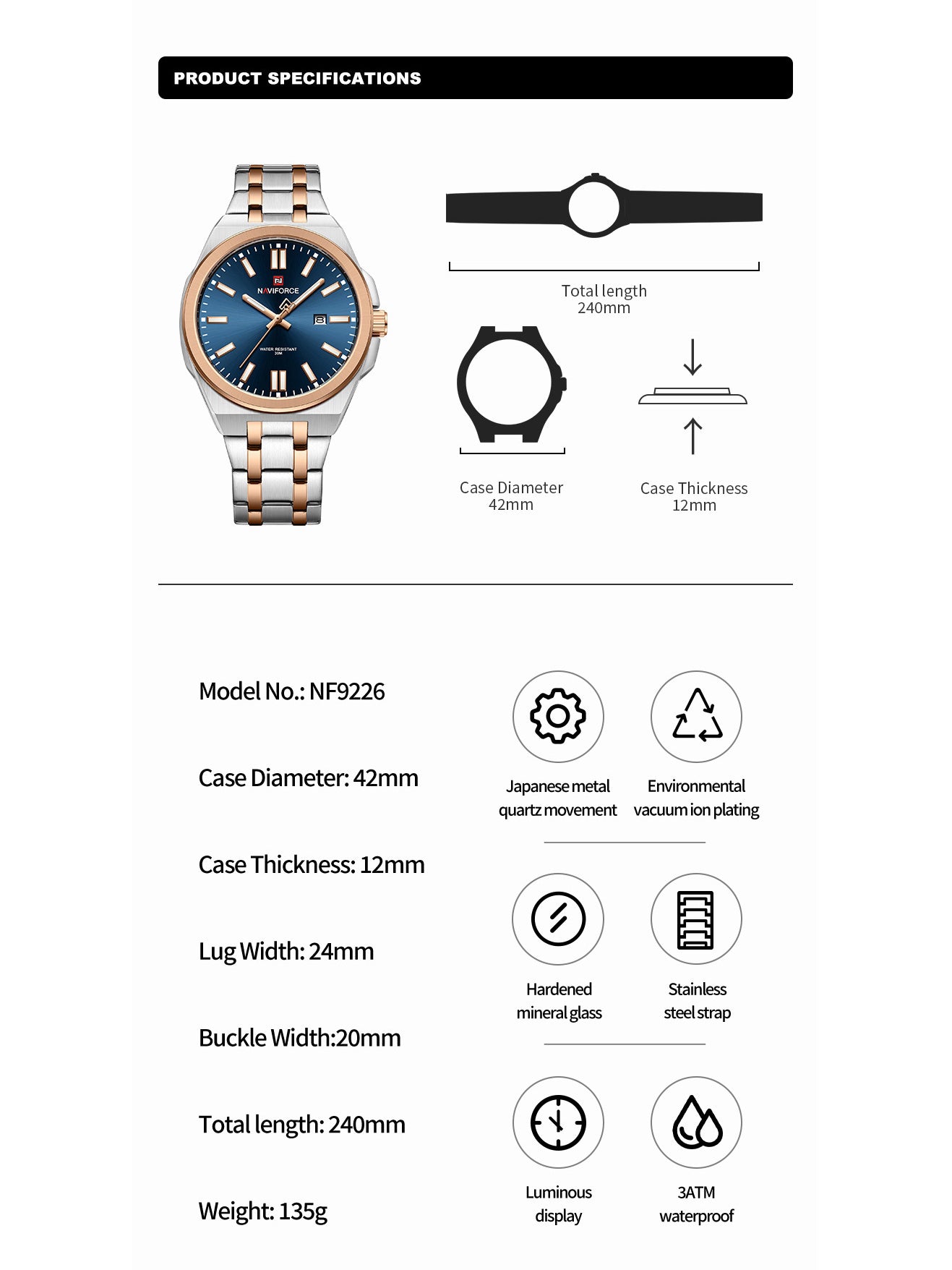NF9226 Silver-Rosegold Analog time&date watch for men - NAVIFORCE