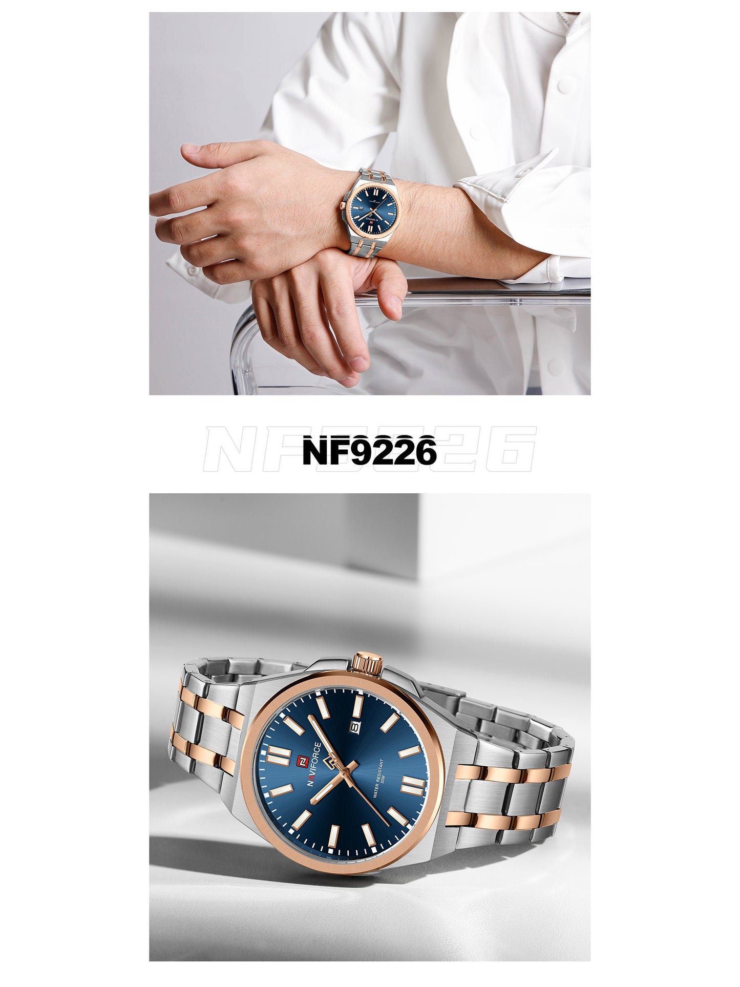 NF9226 Silver-Rosegold Analog time&date watch for men - NAVIFORCE