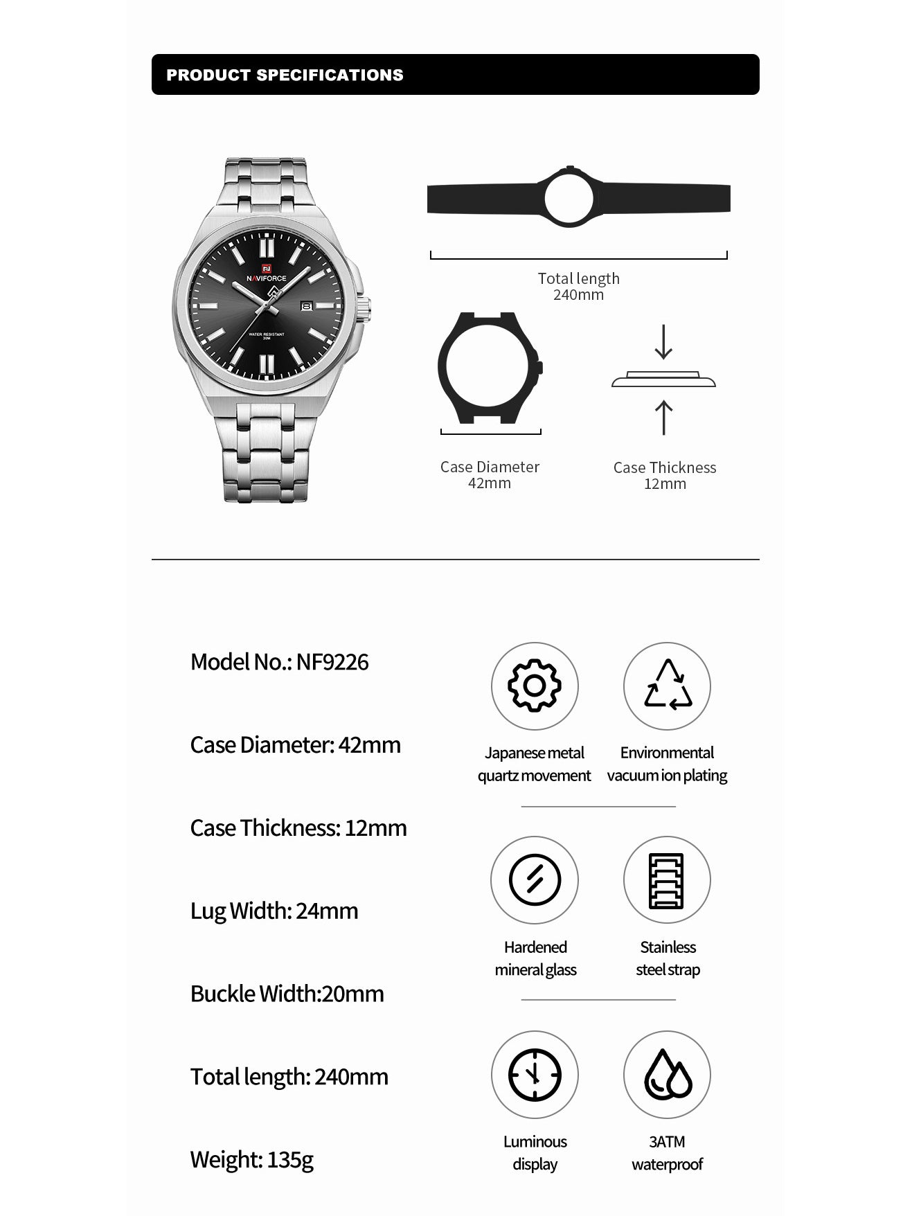 NF9226 Silver-Black Analog time&date watch for men - NAVIFORCE