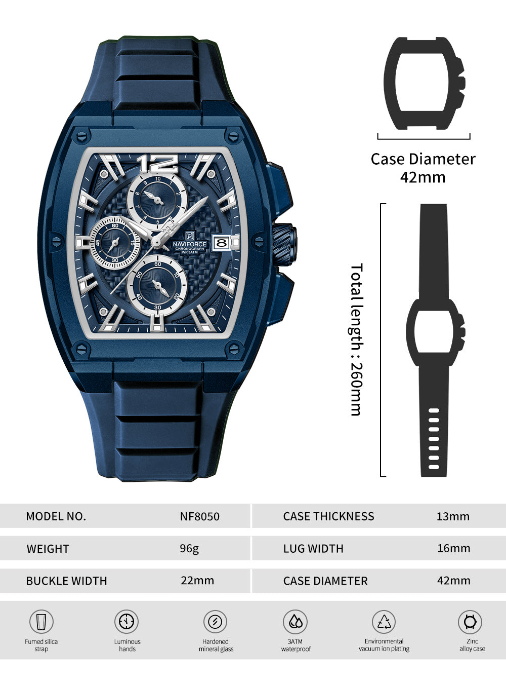 Naviforce NF8050 blue chronograph dial silicon strap Analog Watch