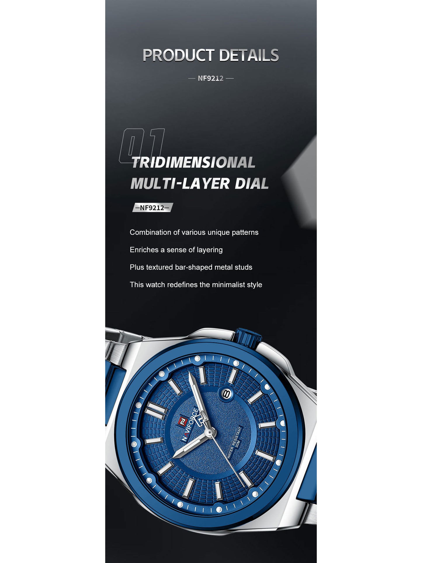 NF9212 Silver Blue Date Display Watch for men - NAVIFORCE
