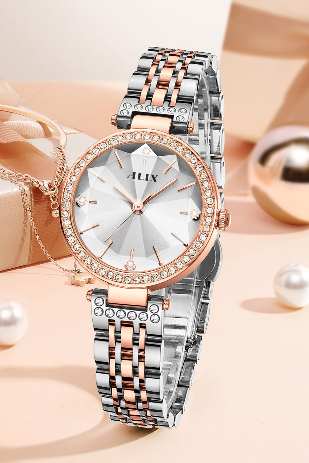 AL2532 Sparkling crystal white facet dial with rosegold strap Analog Watch