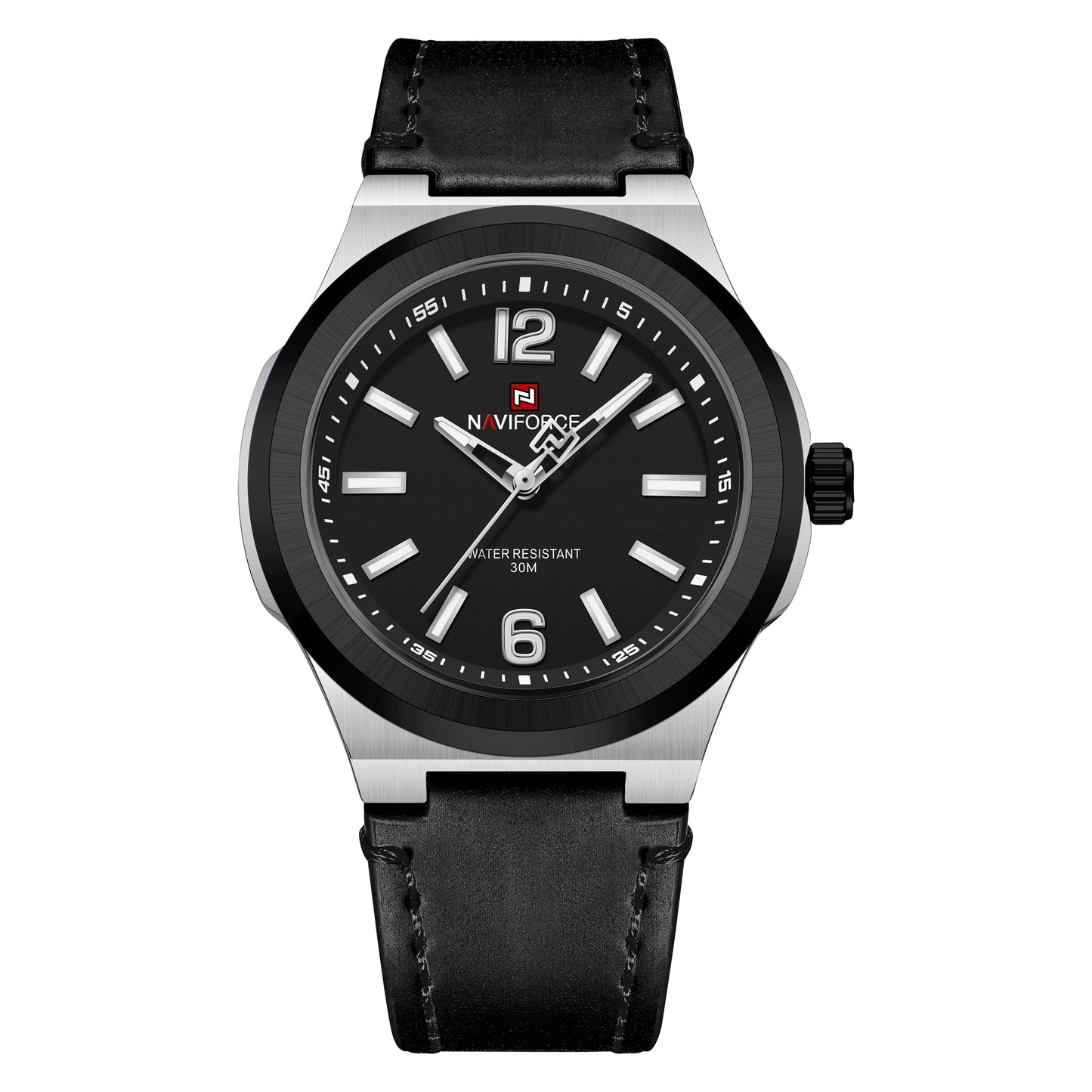 Naviforce NF9233 black and Silver with leather strap Analog Watch