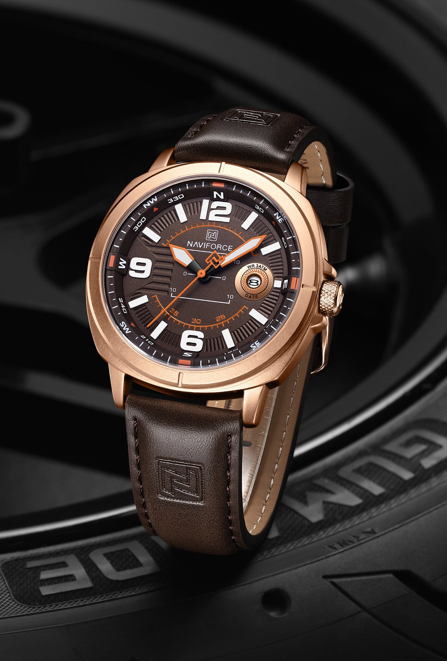 Naviforce NF8078 Rose Gold dial with brown leather strap Analog Watch