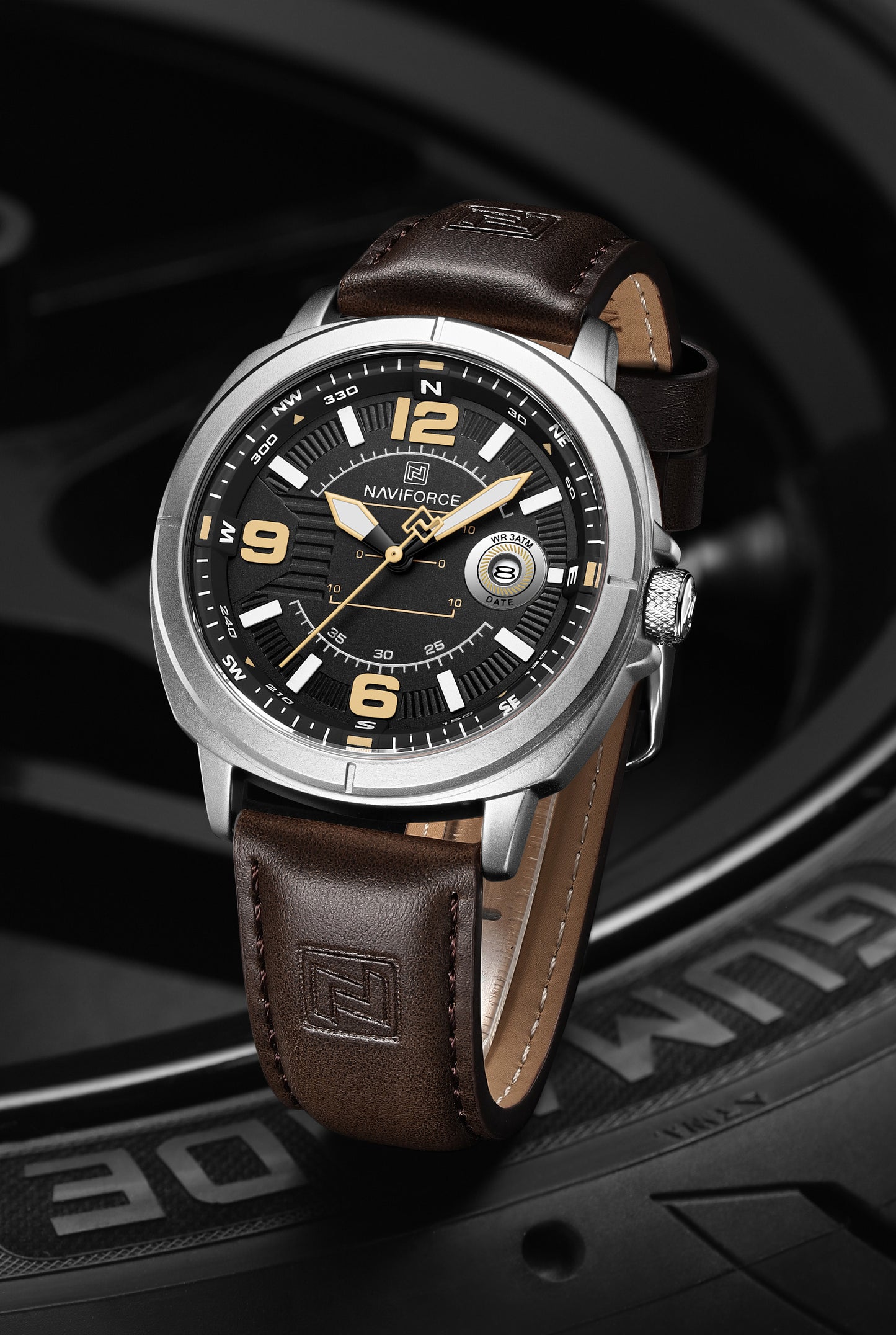 Naviforce NF8078 black dial with brown leather strap Analog Watch