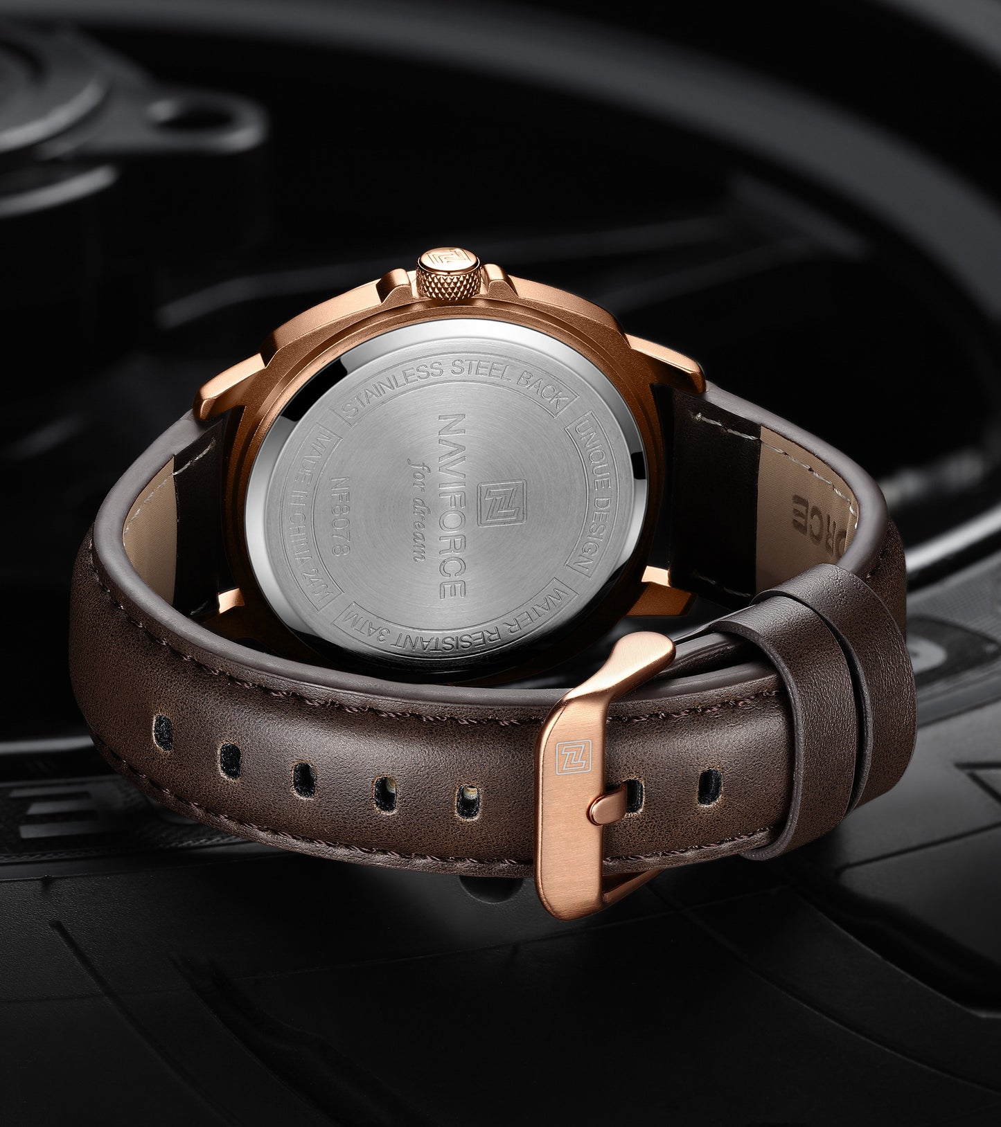 Naviforce NF8078 Rose Gold dial with brown leather strap Analog Watch