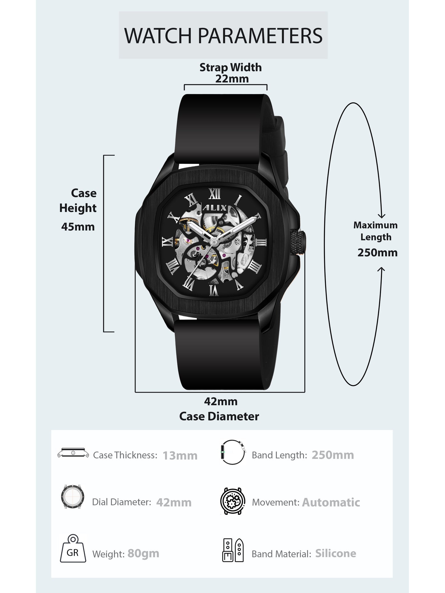 AL2901 Black Skeleton Automatic men's watch