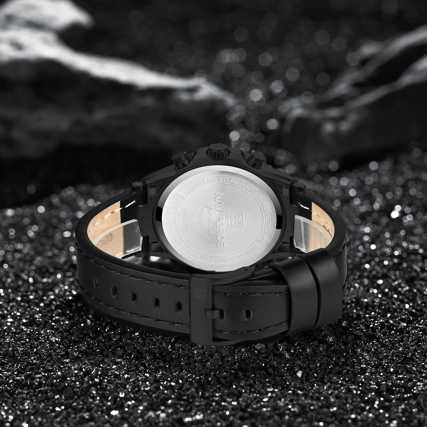 Naviforce NF8073 Unique Black Genuine Leather Analog Watch