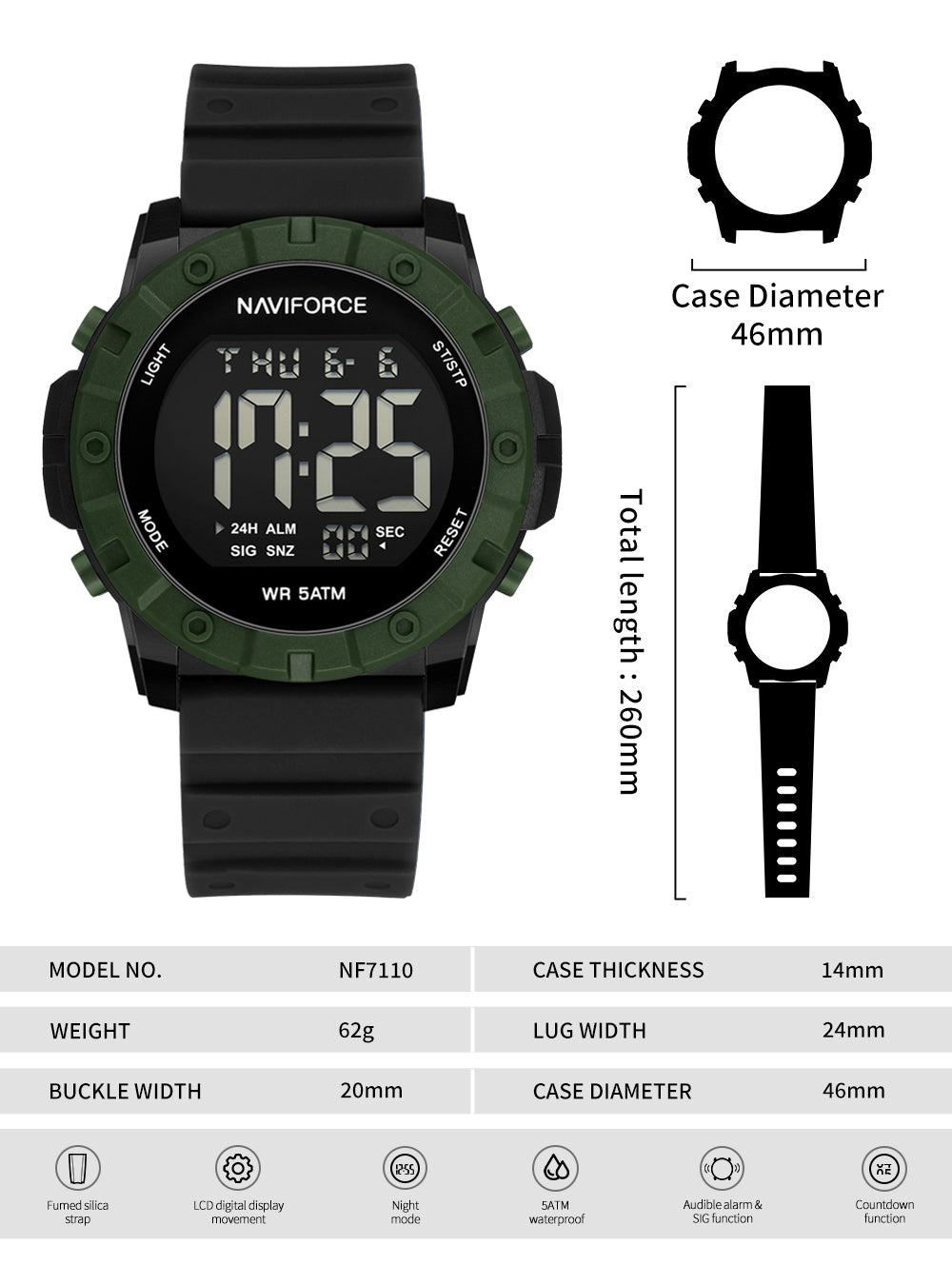NF7110 Black LCD Display Trendy Silicone Digital Watch