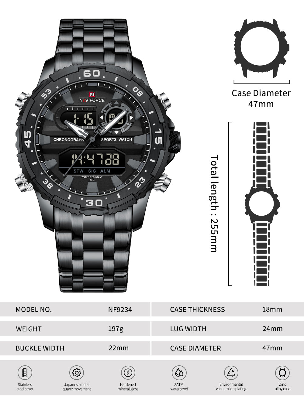 Naviforce NF9234 Versatile design all Black color Analog-Digital Watch