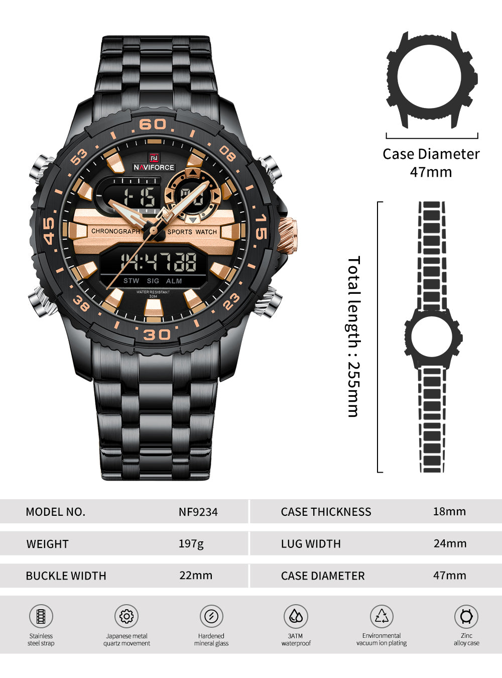 Naviforce NF9234 Versatile design Black-Rosegold Analog-Digital Watch