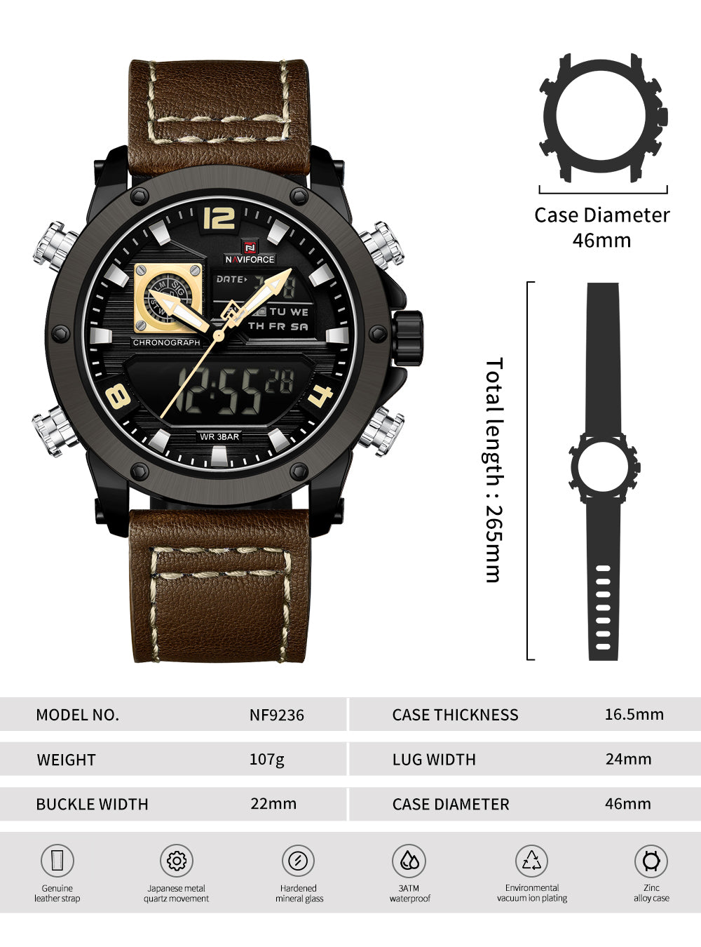 Naviforce NF9236 brown Strap Military Style Analog-Digital Watch