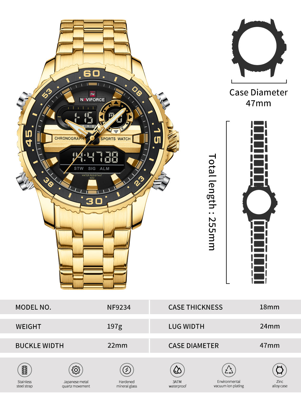 Naviforce NF9234 Versatile design Gold-Black color Analog-Digital Watch
