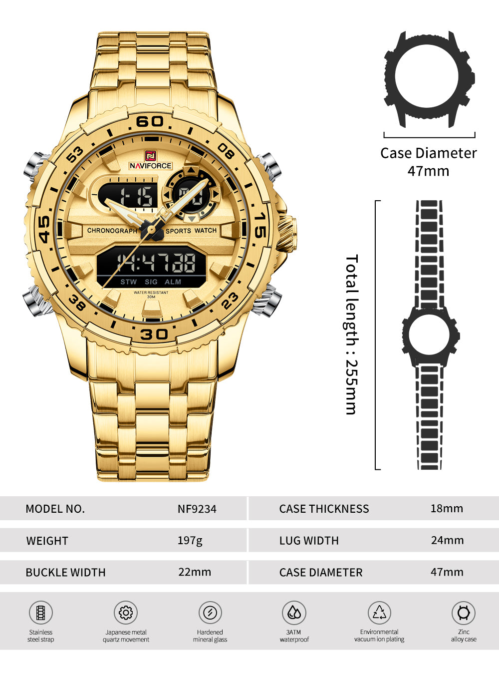 Naviforce NF9234 Versatile design all Gold color Analog-Digital Watch