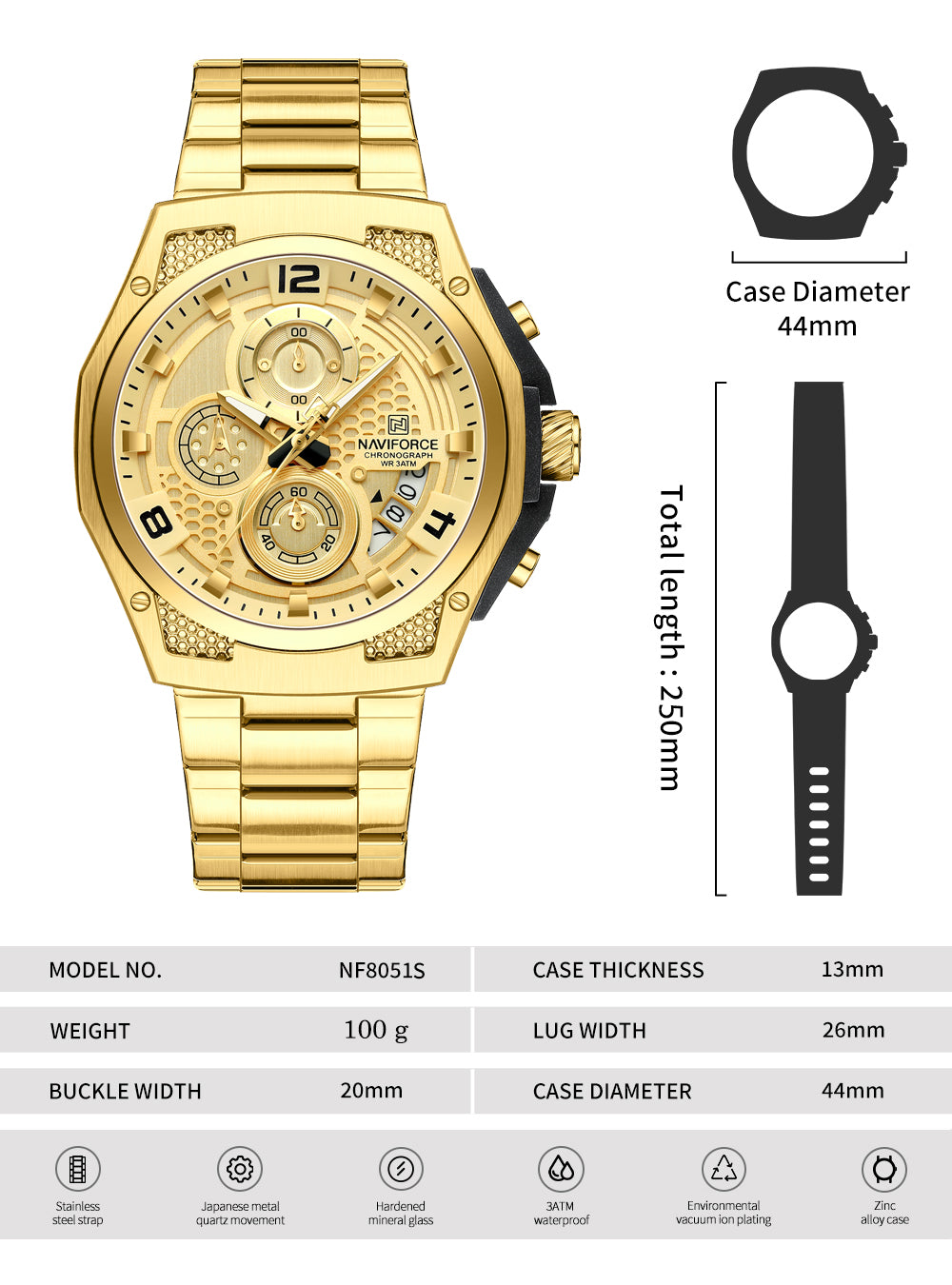 Naviforce NF8051S Elegant Gold stainless Steel strap Analog Watch