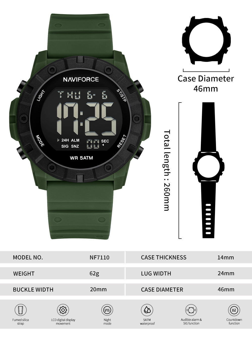 NF7110 Green LCD Display Trendy Silicone Digital Watch