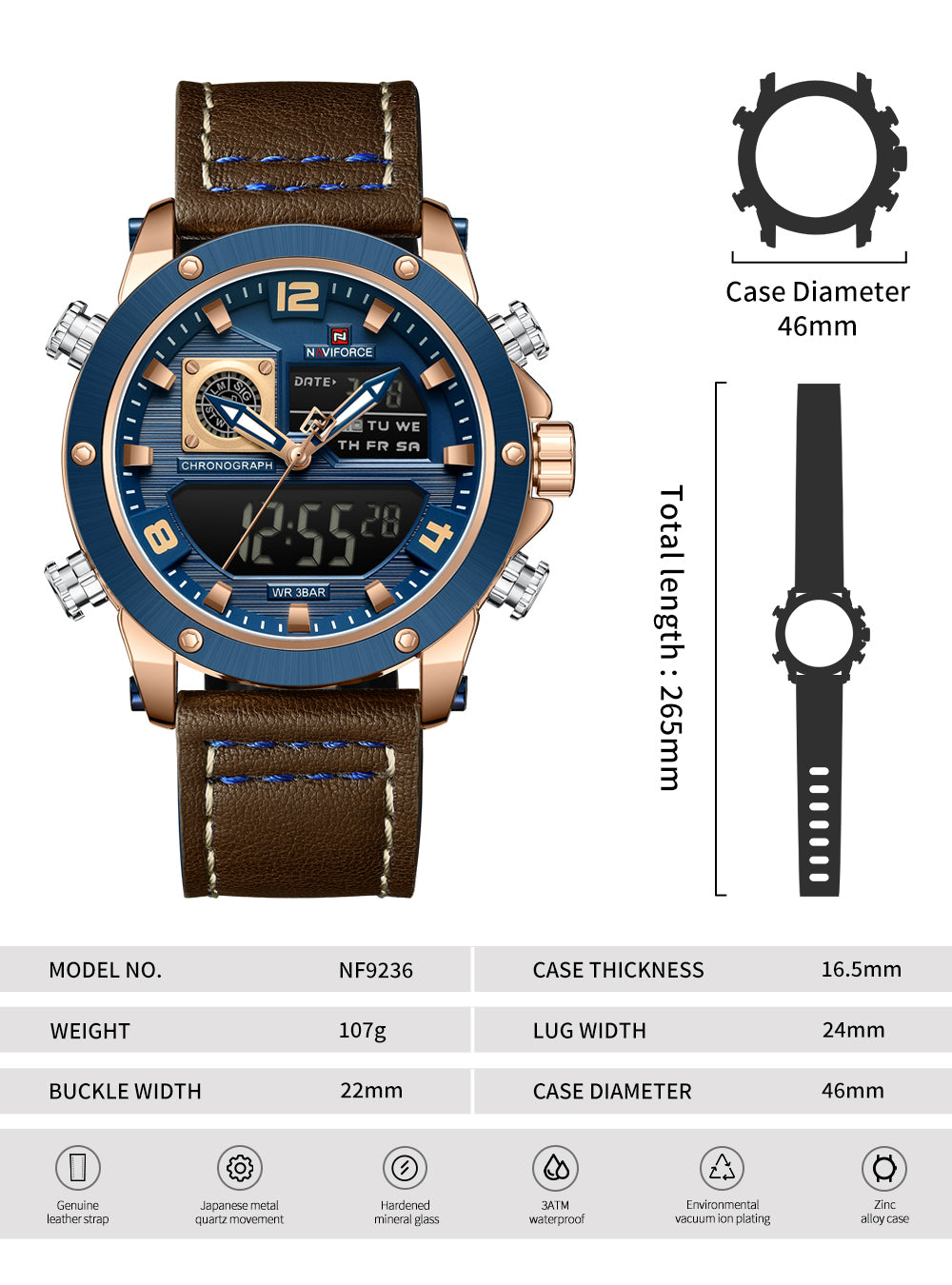Naviforce NF9236 Brown Strap Military Style Analog-Digital Watch