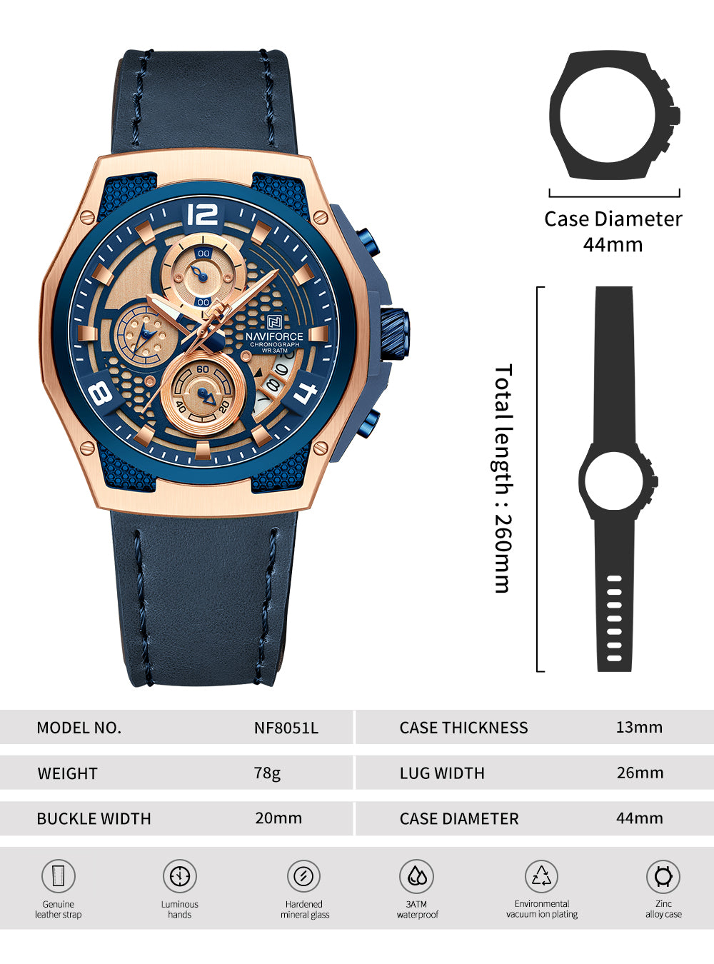 Naviforce NF8051L Blue Genuine Leather Analog Watch