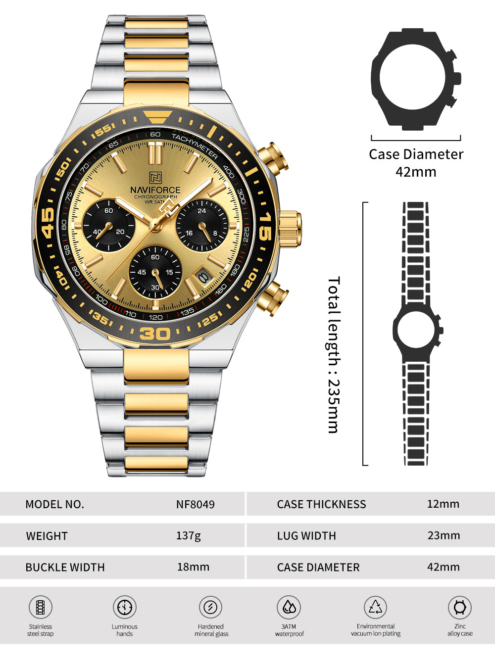Naviforce NF8049: Silver Gold Multifunction Chrono for Men
