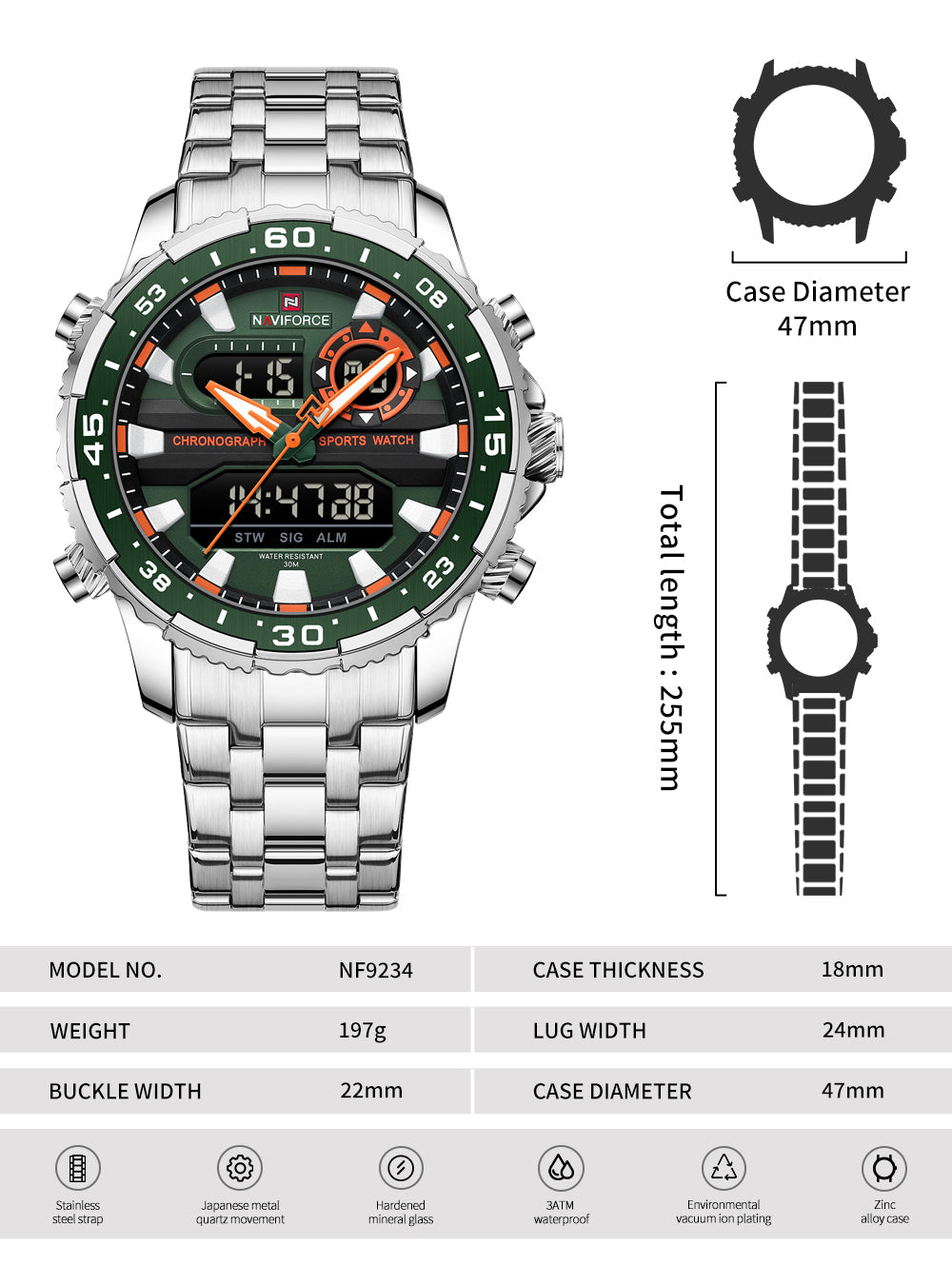 Naviforce NF9234 Versatile design Silver-Green color Analog-Digital Watch