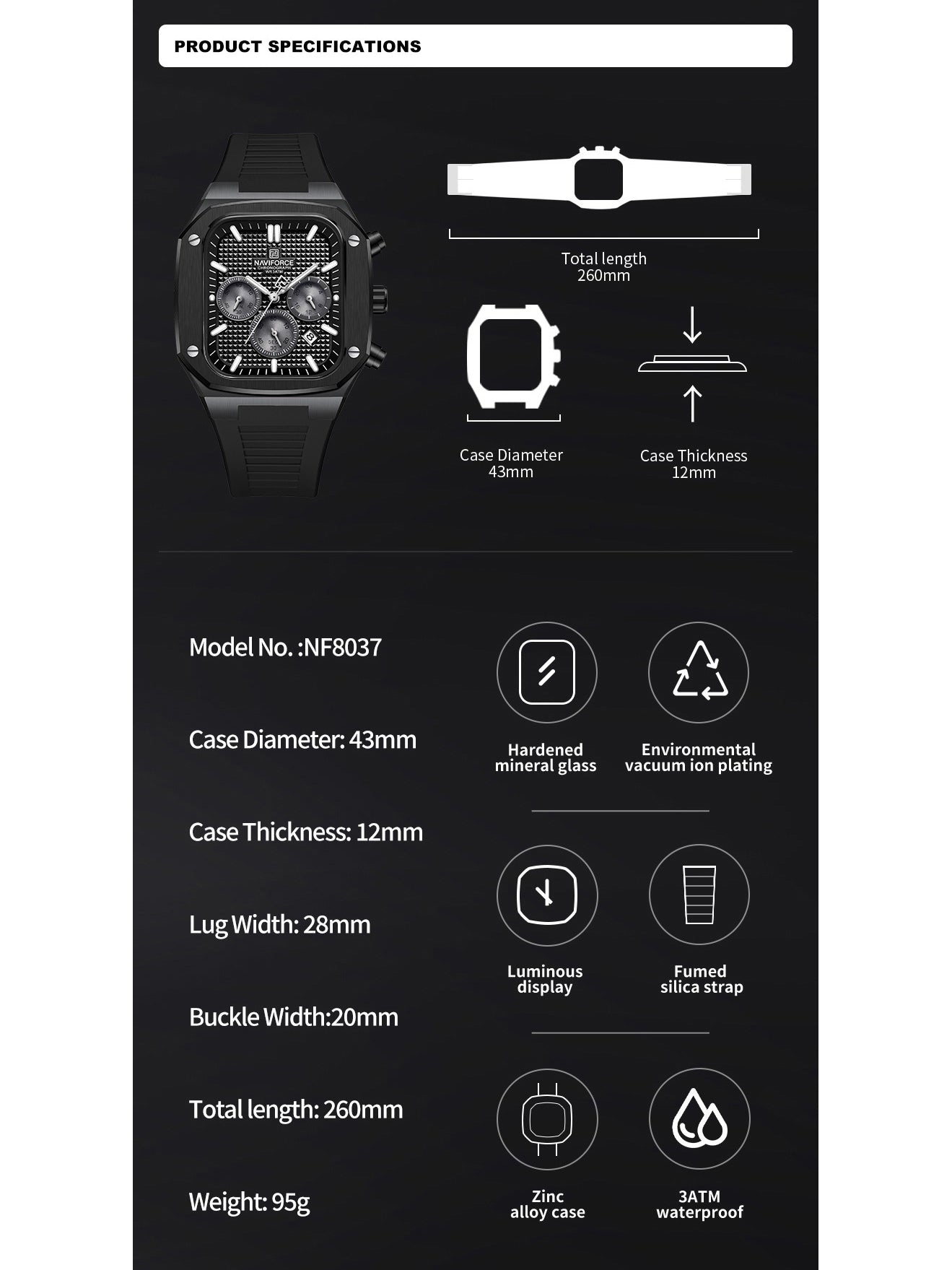 NF8037 Black chronograph watch for men - NAVIFORCE