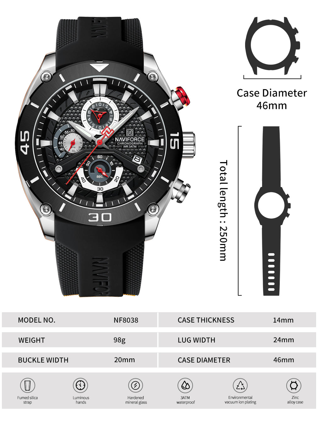 NF8038 Black Multi-Function Chronograph men watch - NAVIFORCE