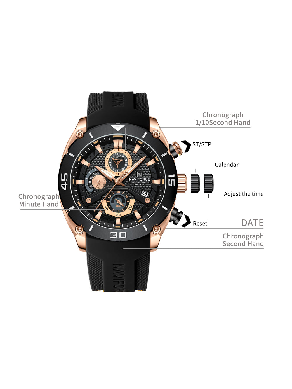 NF8038 Rosegold Black Multi-Function Chronograph men watch - NAVIFORCE