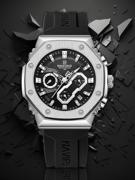 NF8035G Silver Black silicone strap analog chronograph watch for mens-NAVIFORCE