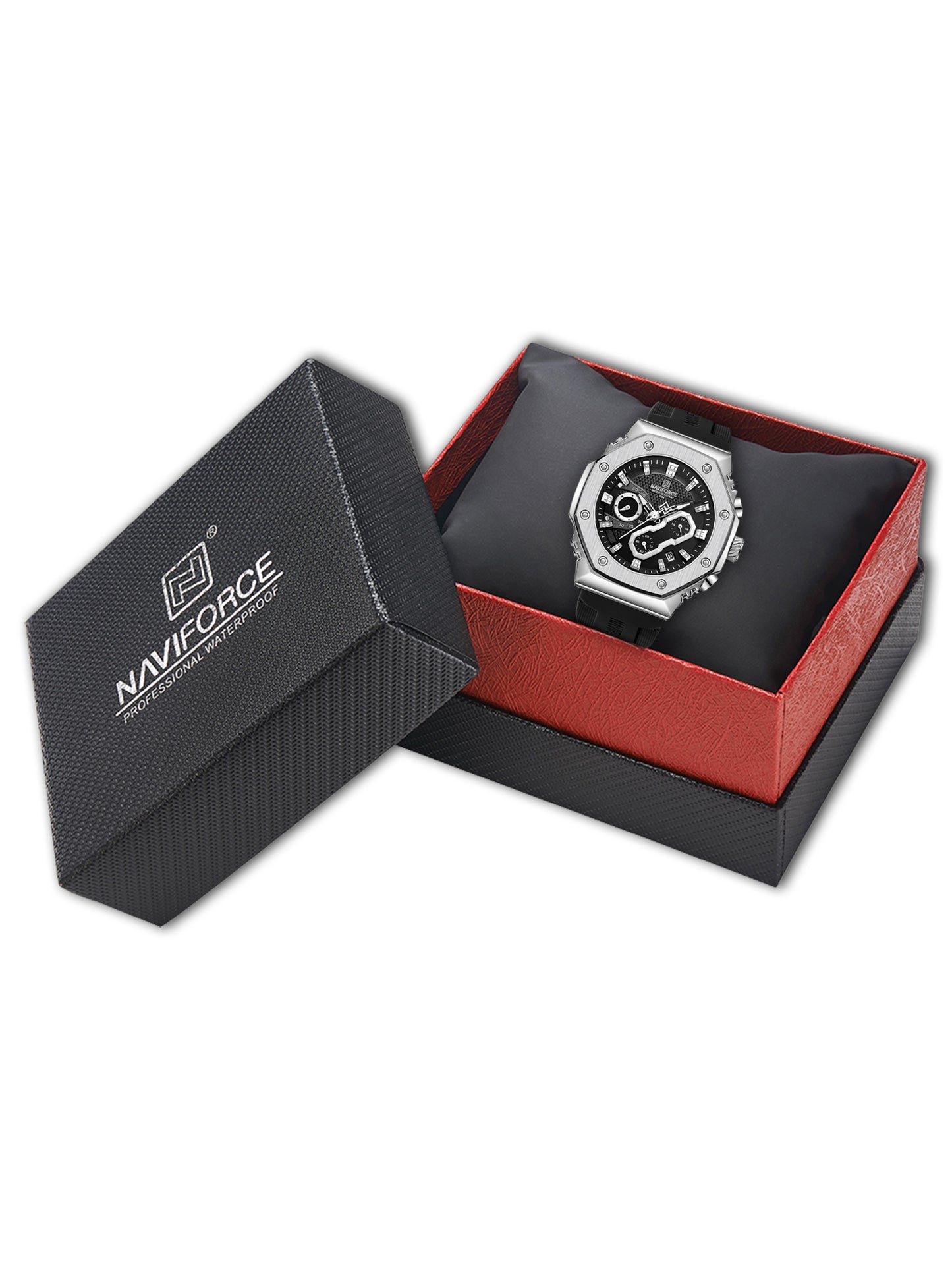 NF8035G Silver Black silicone strap analog chronograph watch for mens-NAVIFORCE