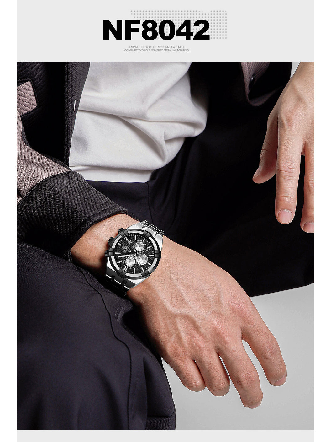 NF8042 Silver Black two tone analog chronograph watch for mens-NAVIFORCE