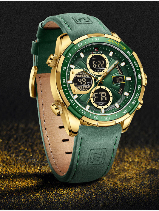 NF9197L Gold Green leather analog-digital watch for men - NAVIFORCE