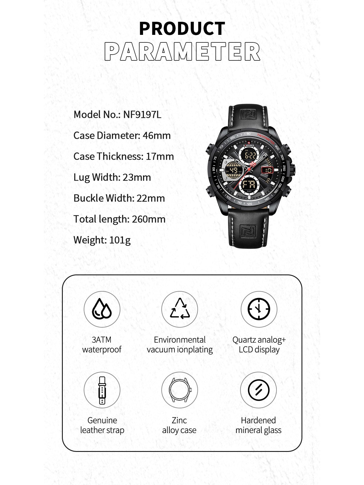 NF9197L Black leather ana-digital watch for men - NAVIFORCE