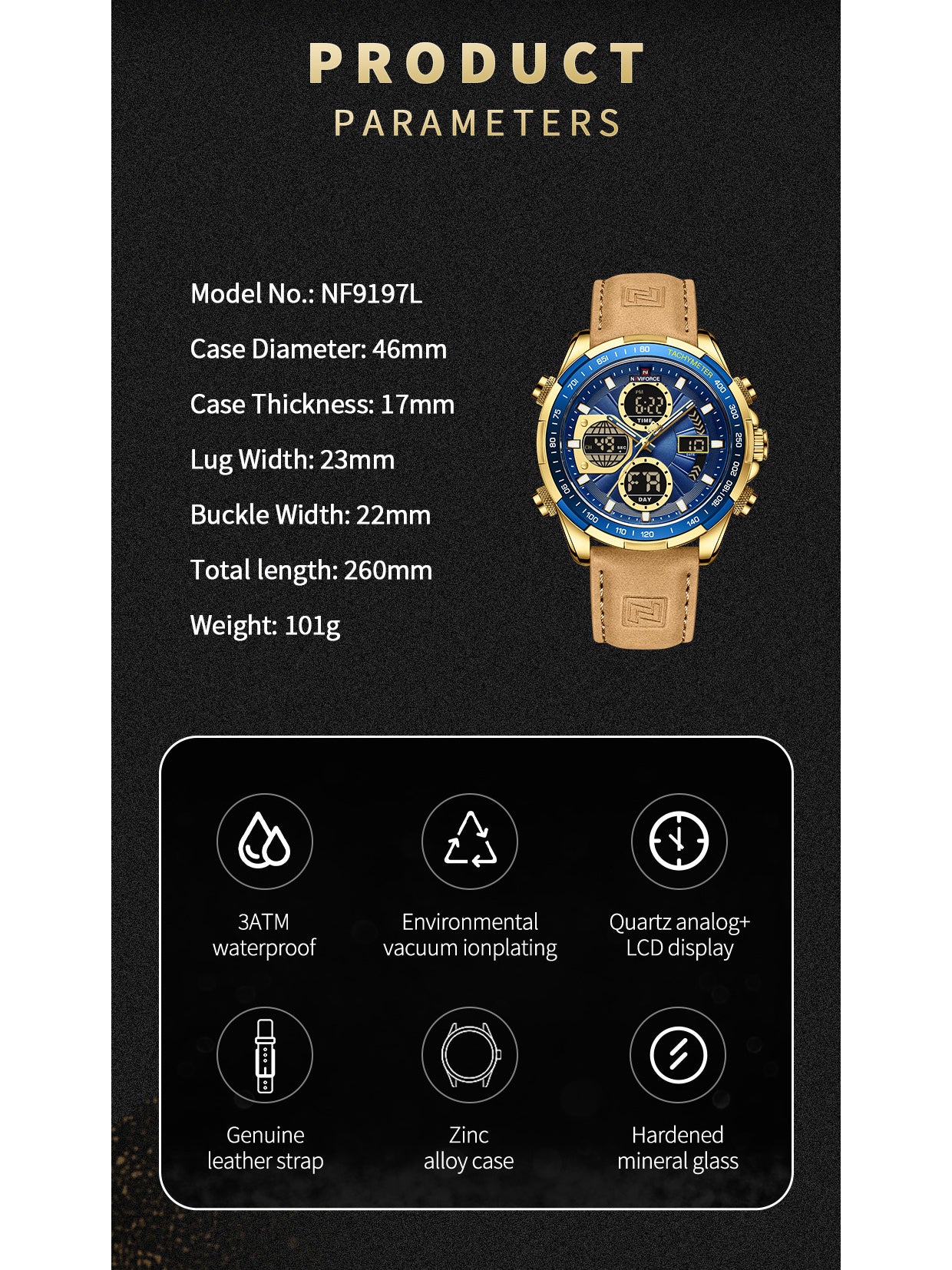 NF9197L Light Brown leather Ana-digital watch for men - NAVIFORCE