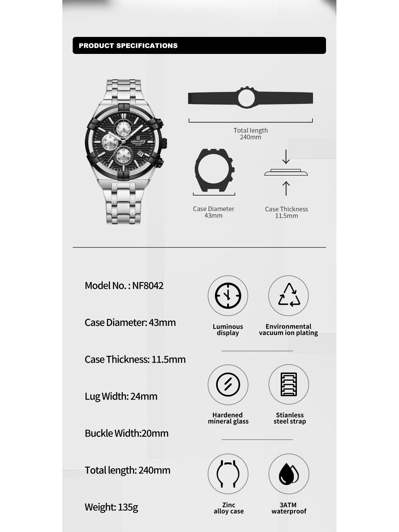 NF8042 Silver Black two tone analog chronograph watch for mens-NAVIFORCE