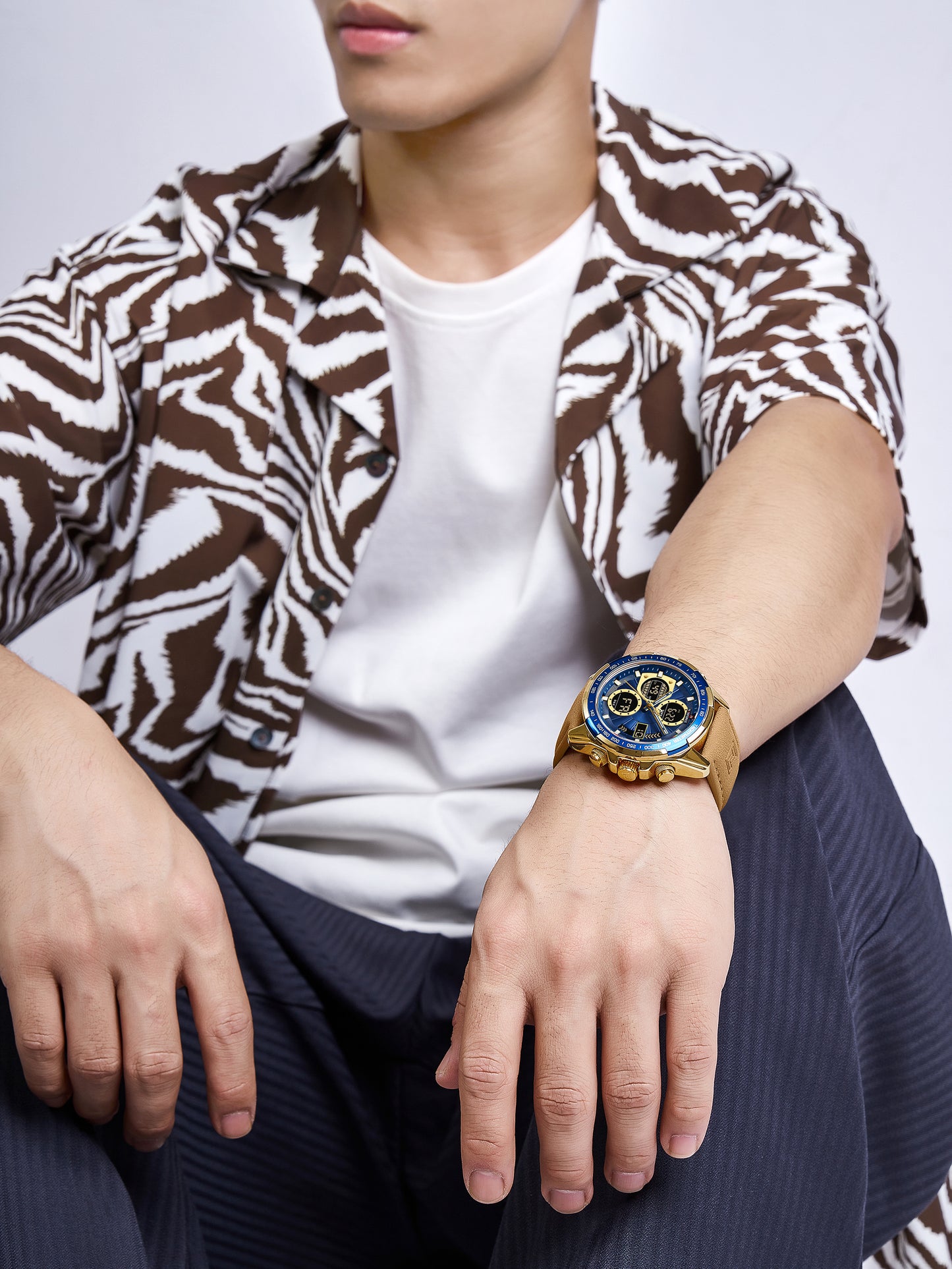 NF9197L Light Brown leather Ana-digital watch for men - NAVIFORCE