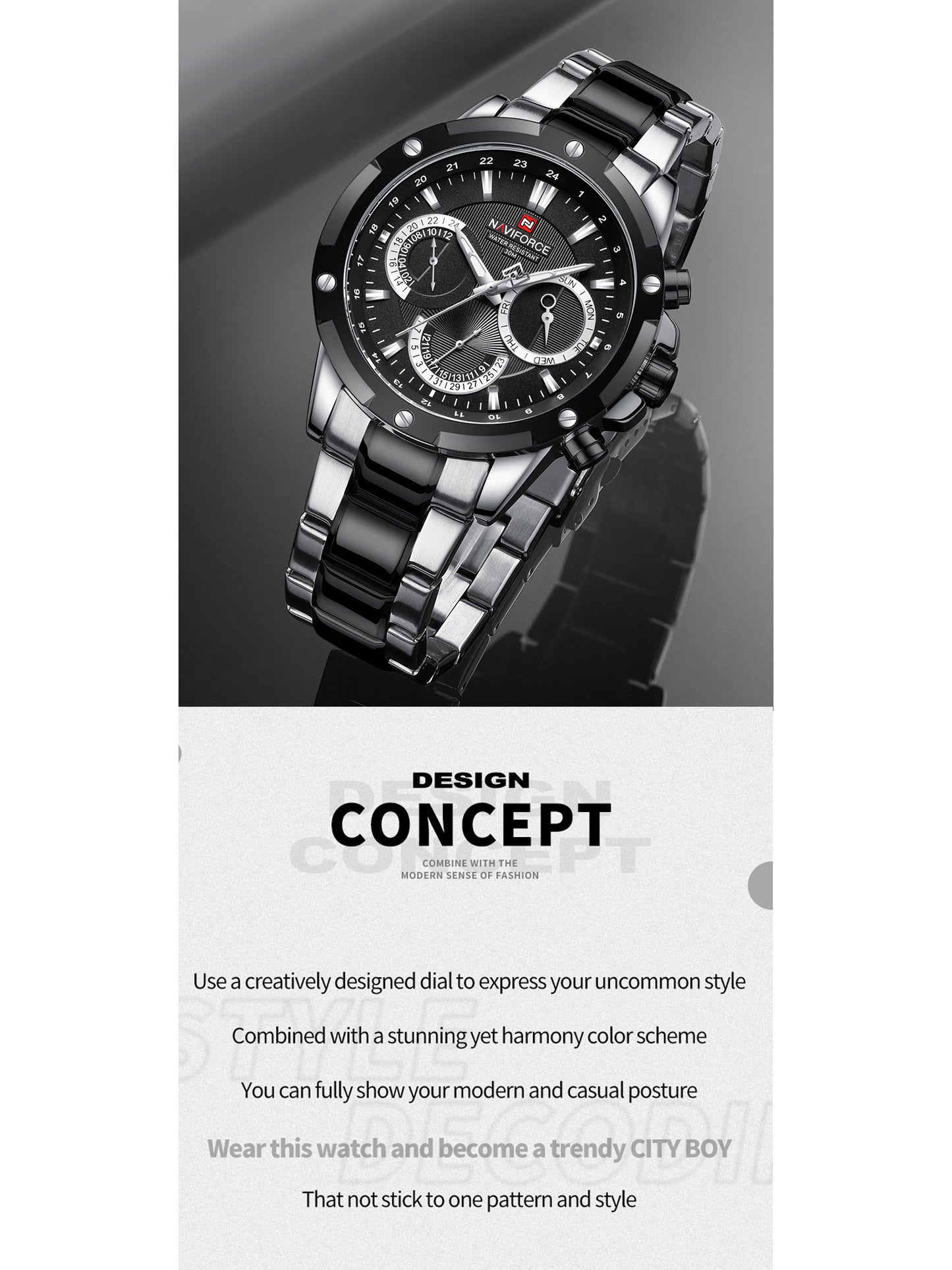 NF9196 SILVER BLACK Chronograph watch for men - NAVIFORCE