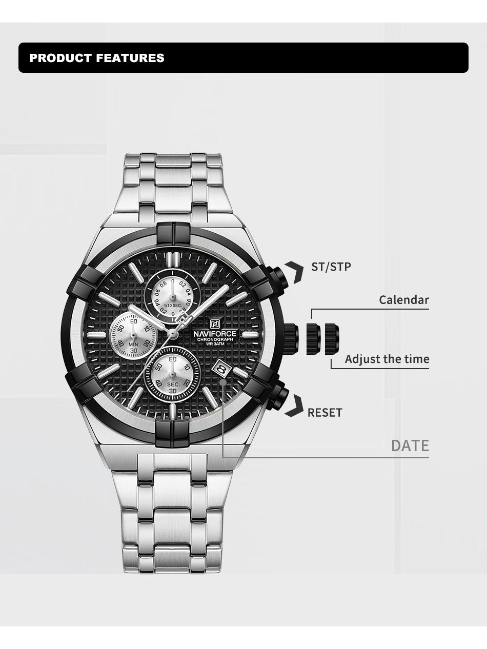 NF8042 Silver Black two tone analog chronograph watch for mens-NAVIFORCE