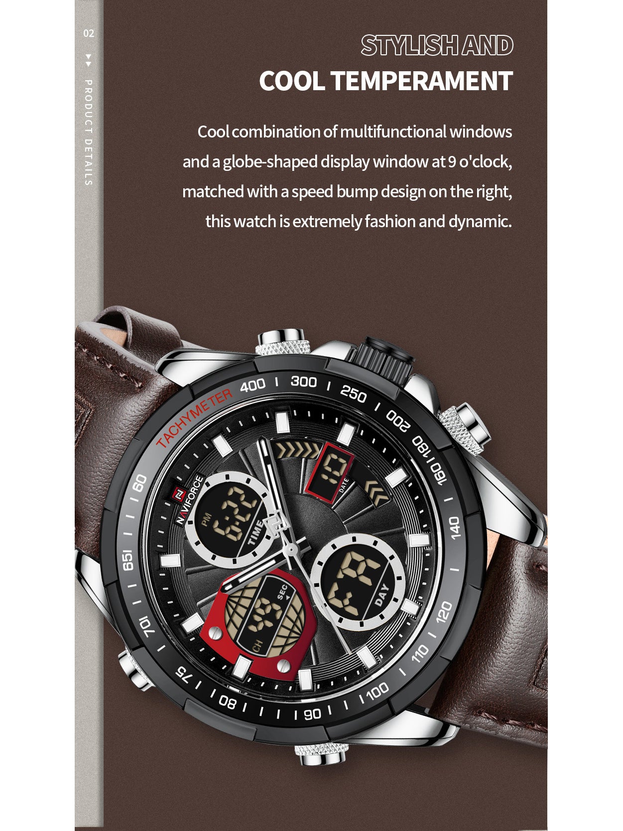 NF9197L Dark Brown leather Ana-digital watch for men - NAVIFORCE