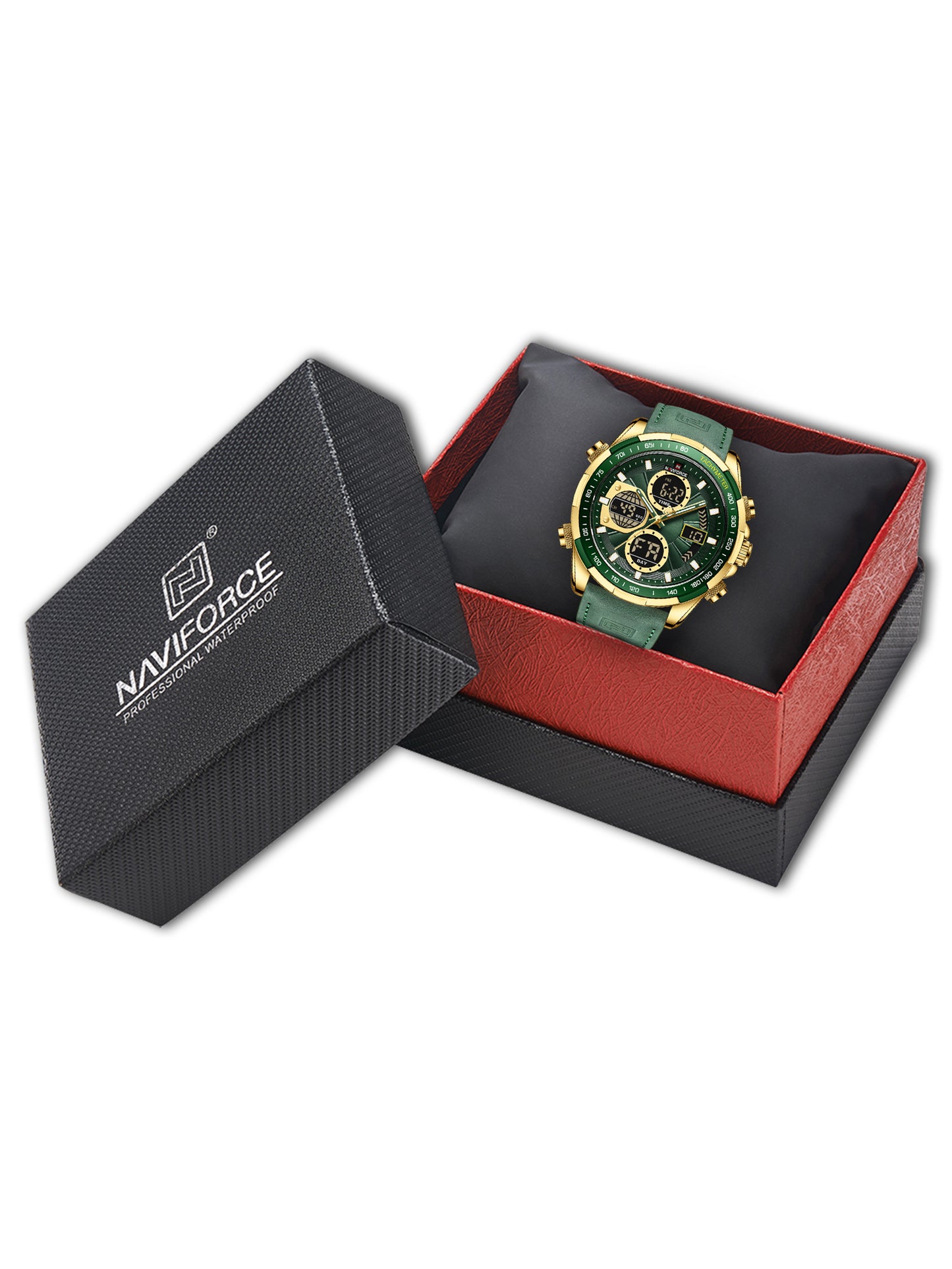 NF9197L Gold Green leather analog-digital watch for men - NAVIFORCE